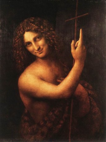 Text Box:    St. John. Louvre. It is said to be the most disquieting of Leonardo's work. Leonardo has transformed John, the alleged precursor of Christ, from a gaunt ascetic to what can only be said to be almost a hermaprhodite with soft, womanly flesh, glancing out of the painting with a look that is not renunciation, but sly mystery and devious invitation with finger pointing heavenward.   From Leonardo's notebooks:   'The limbs which are used for labour must be muscular and those which are not much used you must make without muscles and softly rounded. Represent your figures in such action as may be fitted to express what purpose is in the mind of each; otherwise your art will not be admirable.'  'Therefore it is here represented with a reed in his right hand which is useless and without strength, and the wounds it inflicts are poisoned. [...] And for these reasons the reed is held as their support. Evil-thinking is Envy or Ingratitude.'   'Envy must be represented with a contemptuous motion of the hand towards heaven, because if she could she would use her strengthe against God...'   What, exactly, was Leonardo trying to tell us about St. John?